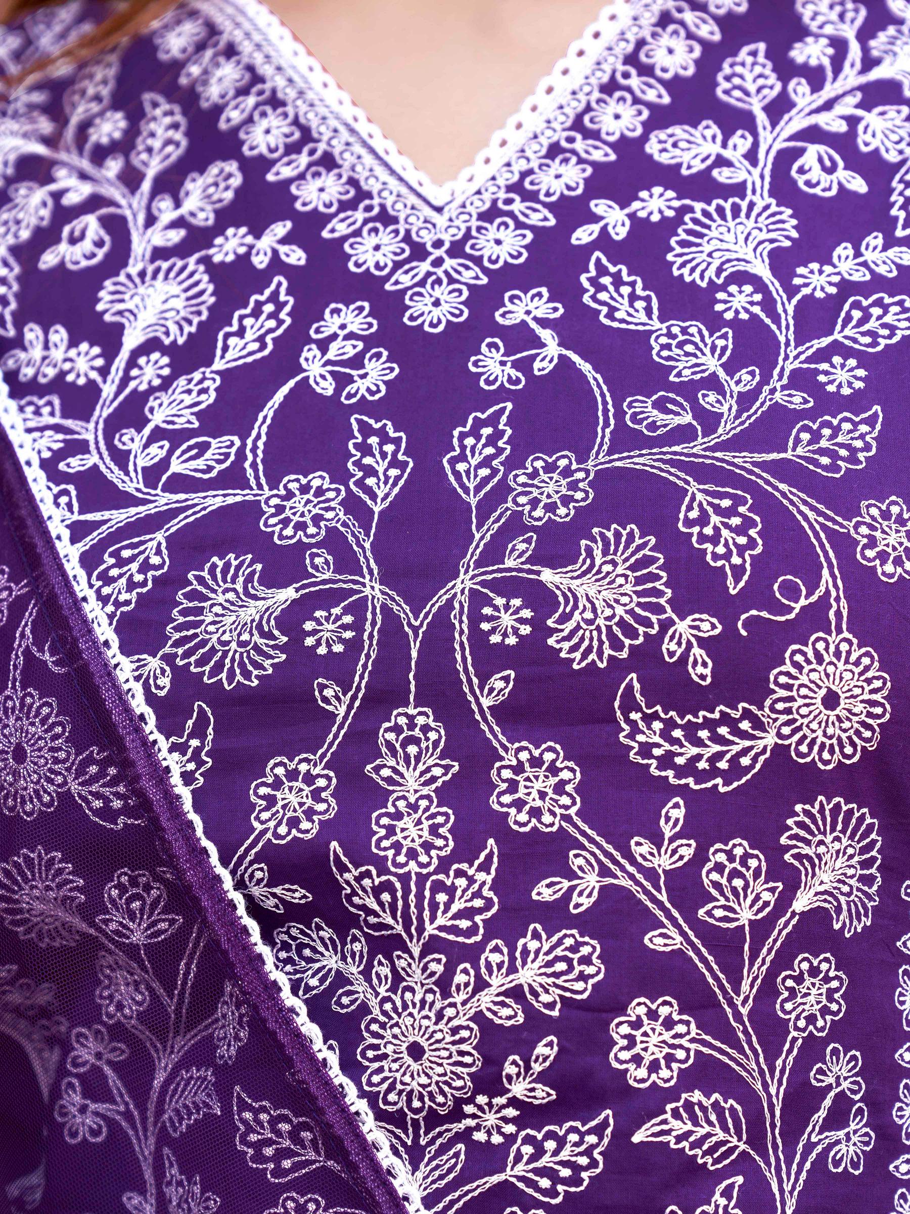 Violet Cotton With All Over Thread Work Kurta Set